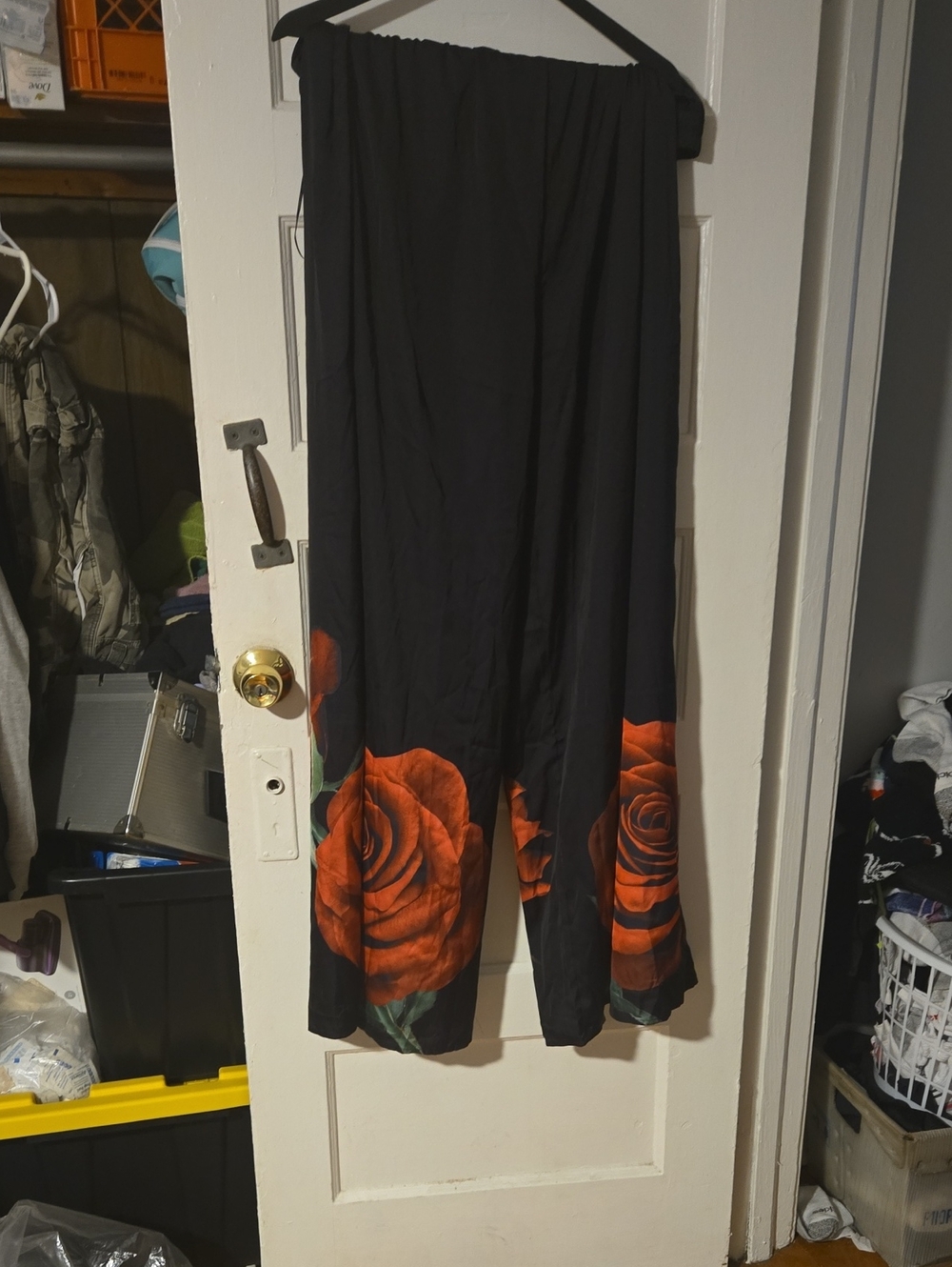 Fashion Nova Black Wide-Leg Pants with Orange Rose Border